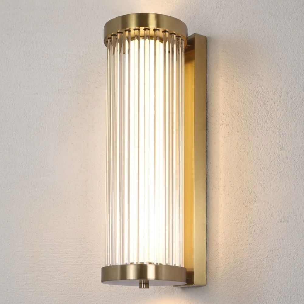 Brass Ribbed Glass Cylinder Wall Sconce