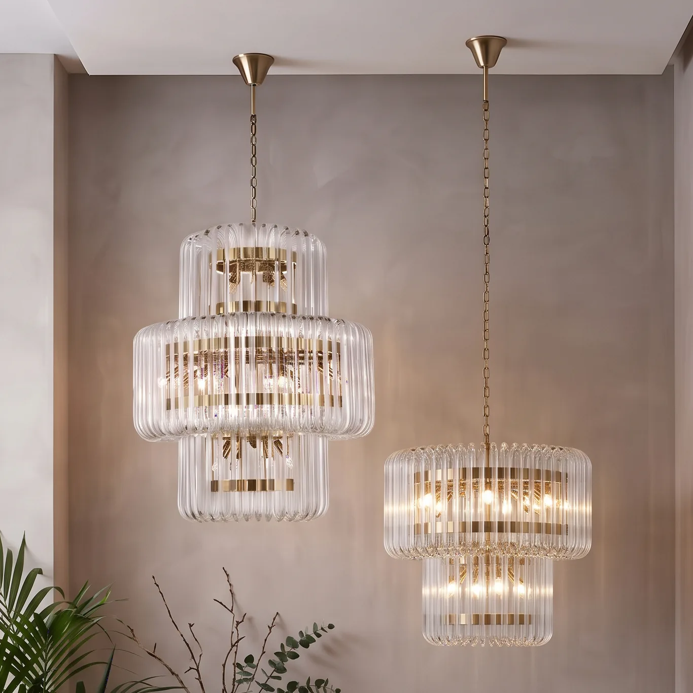 Multi-Tiered Cylindrical Glass Rod Chandelier