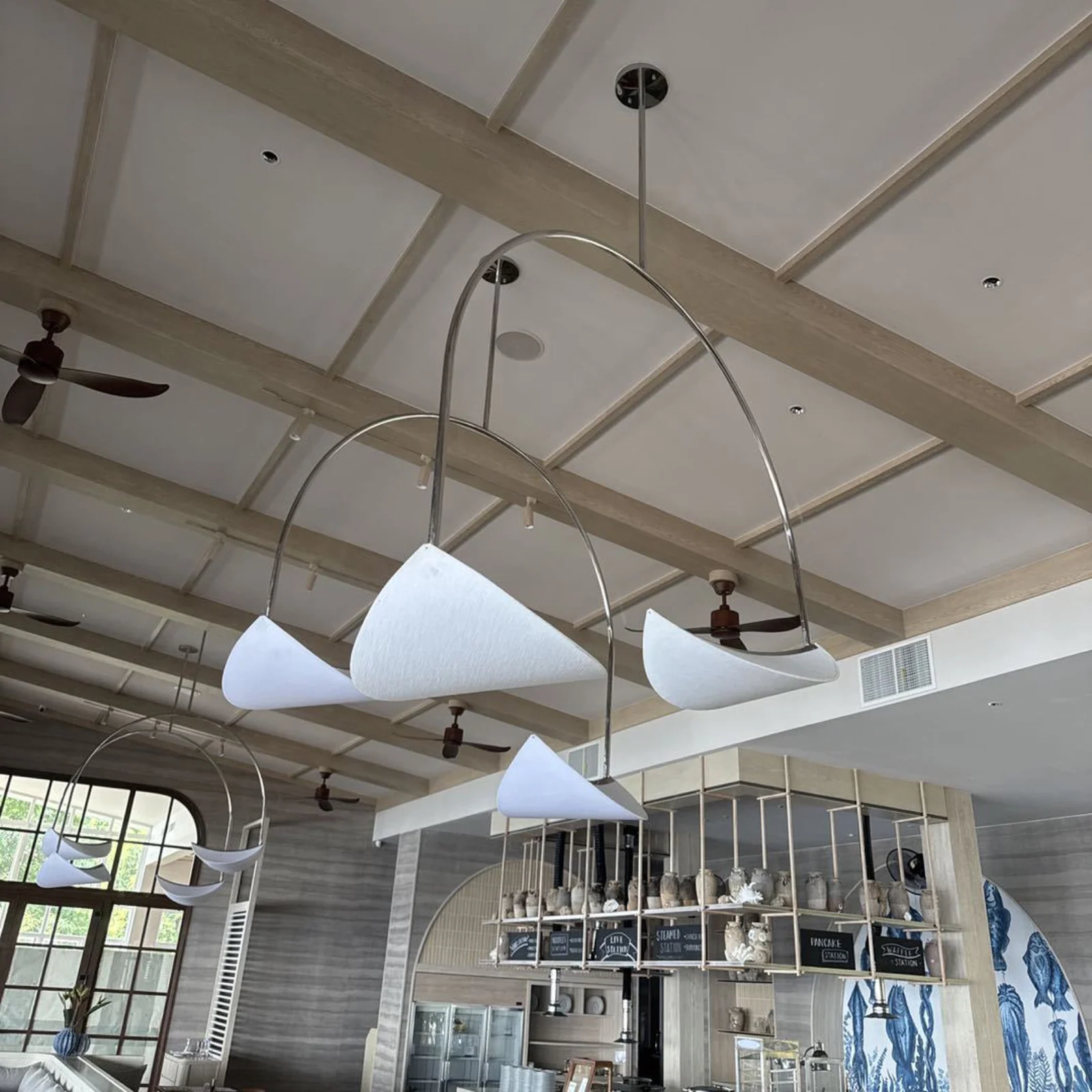 Custom Architectural Curved Metal & Fabric-Effect Chandelier for Public Spaces