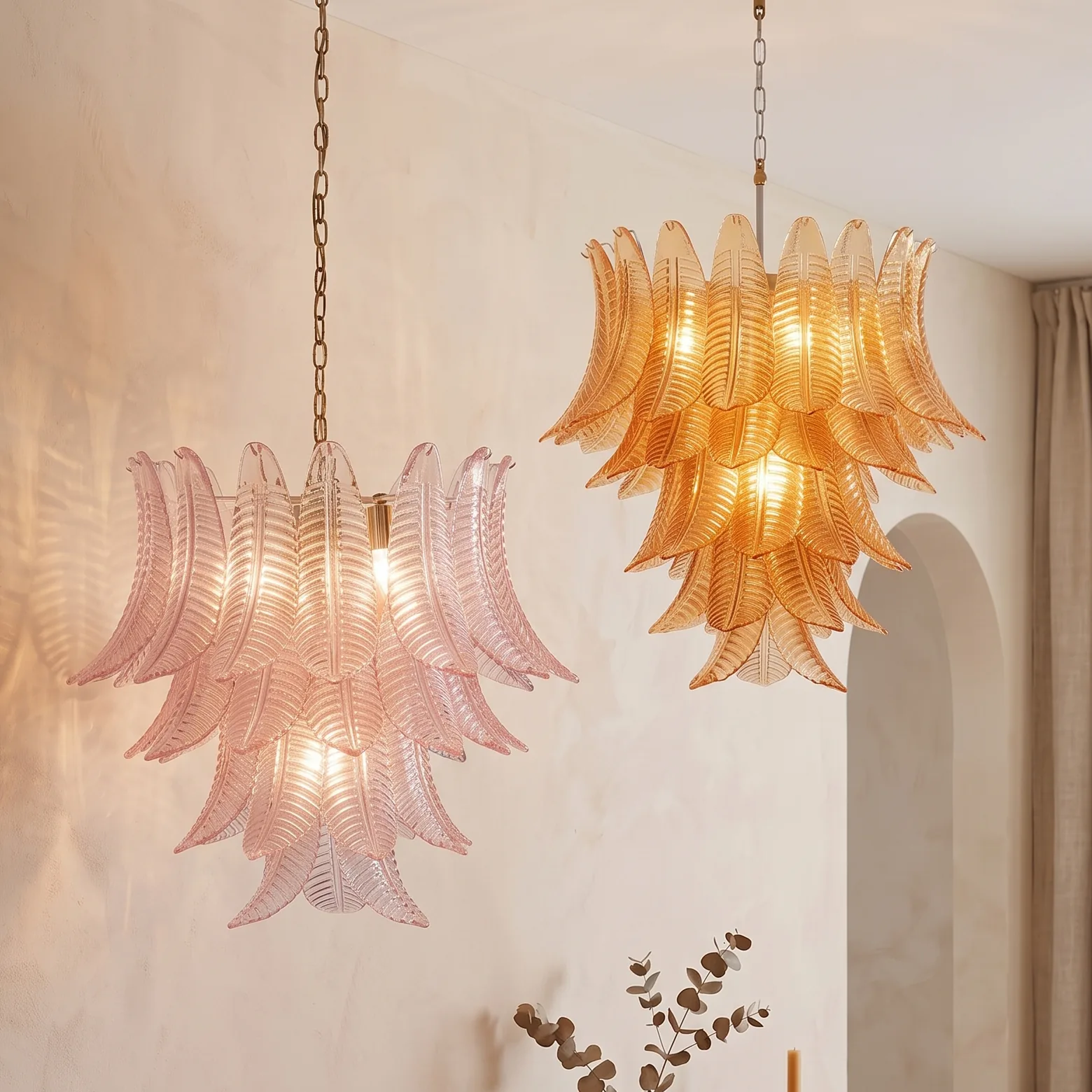 Multi-Tiered Feather Glass Chandelier (Amber, Pink, Clear & Purple)