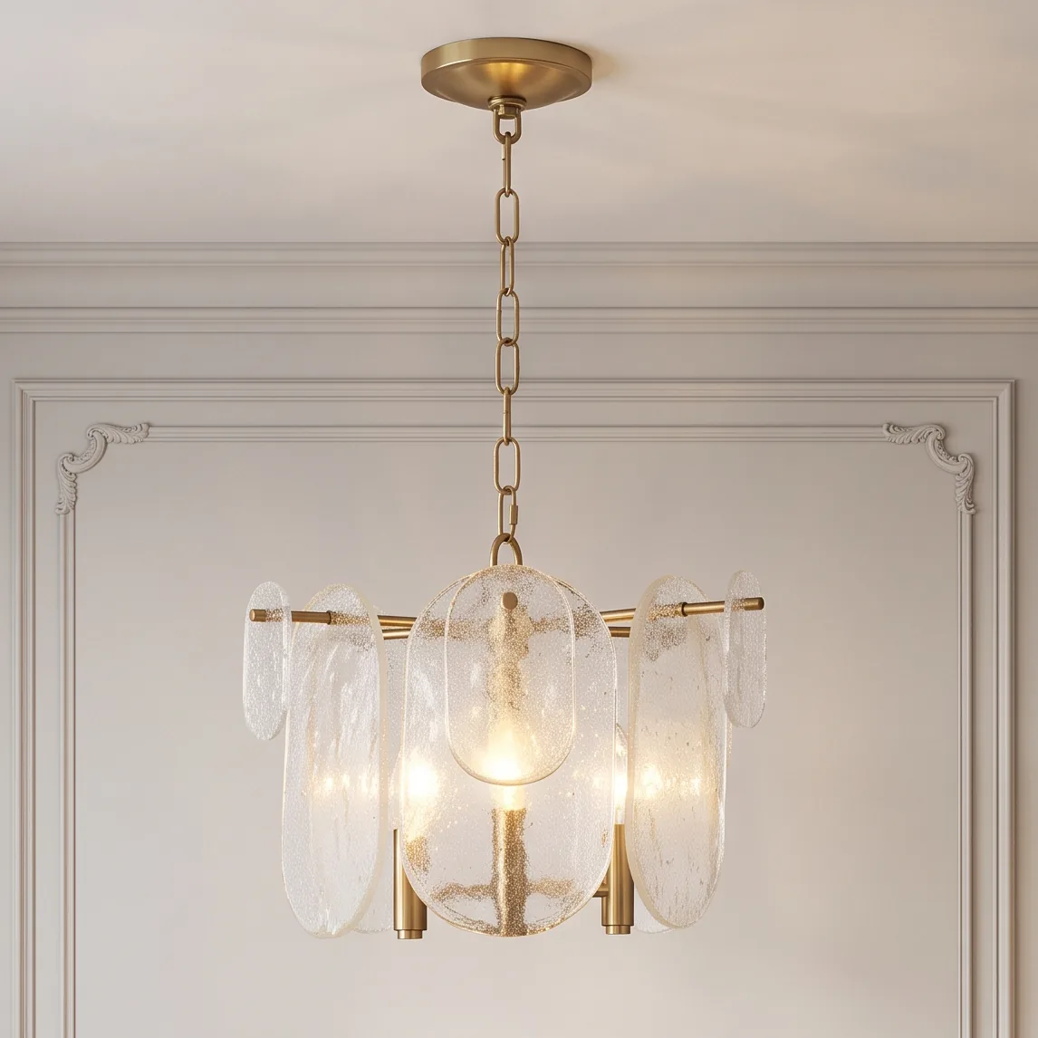 Modern Brass and Hanging Glass Disc Chandelier