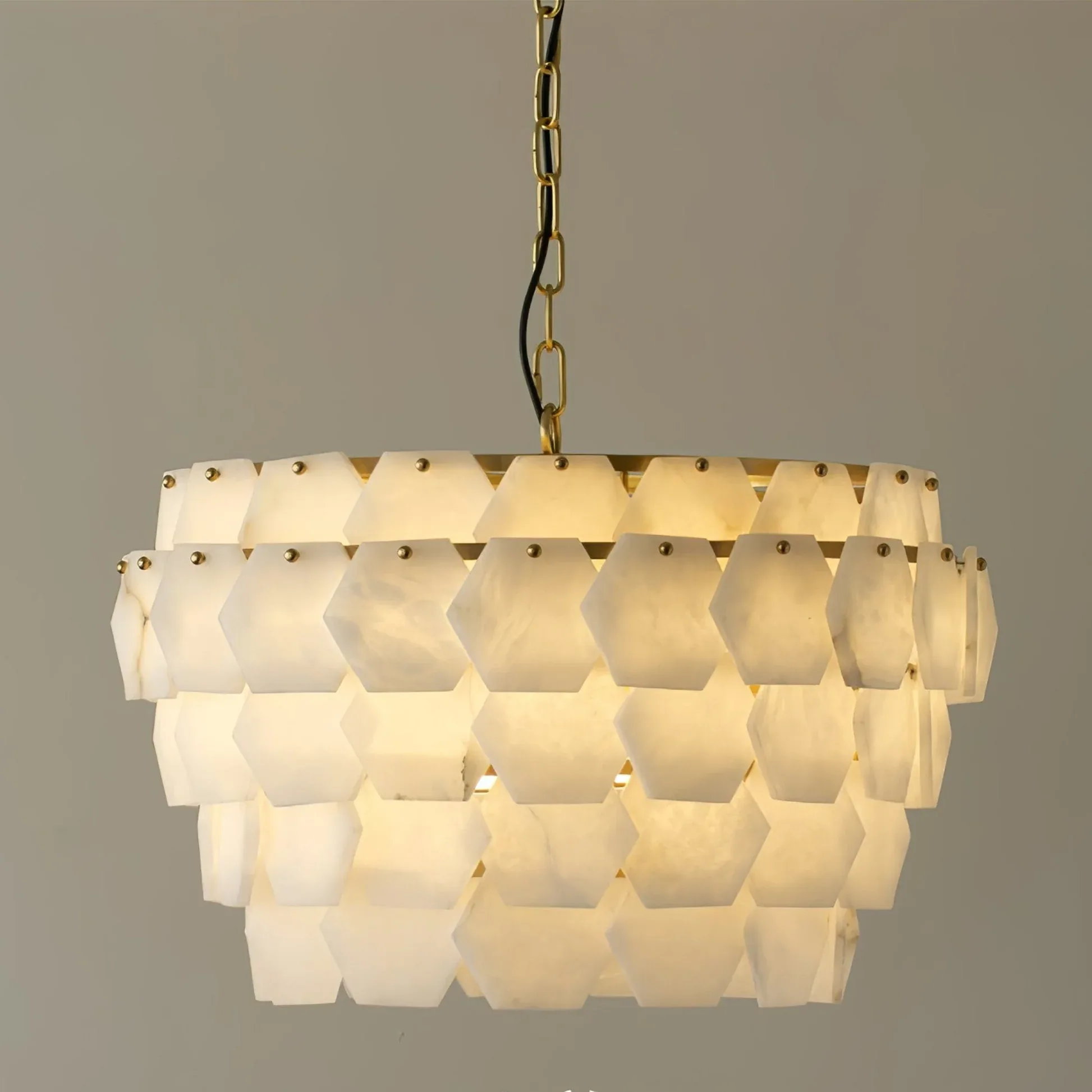 Multi-Tiered Hexagonal Alabaster Tile Chandelier