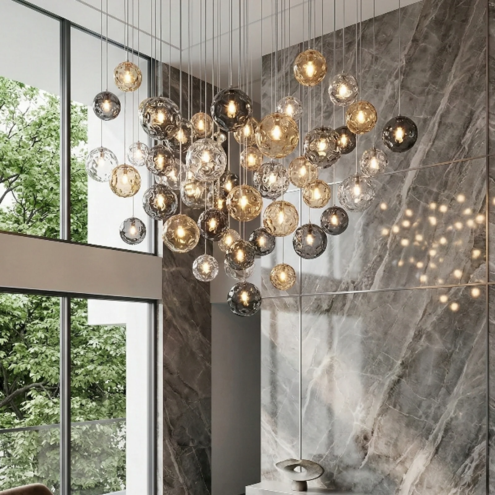 Bespoke Multi-Drop Glass Orb Chandelier for High Ceilings